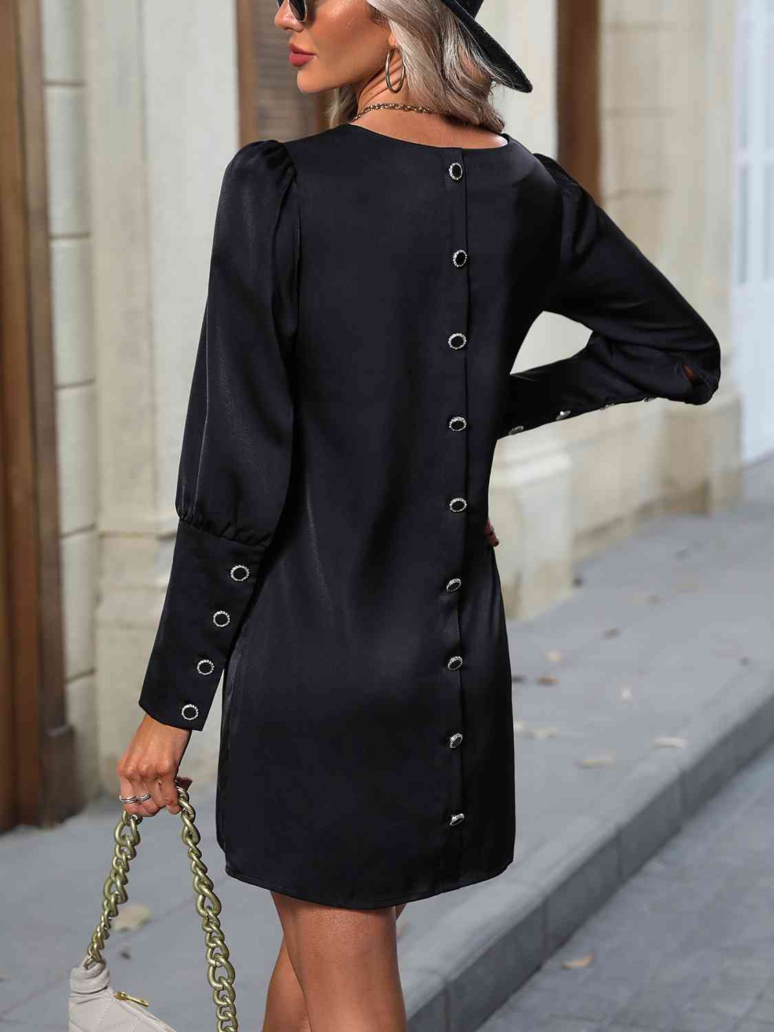 Button Back Round Neck Long Sleeve Dress