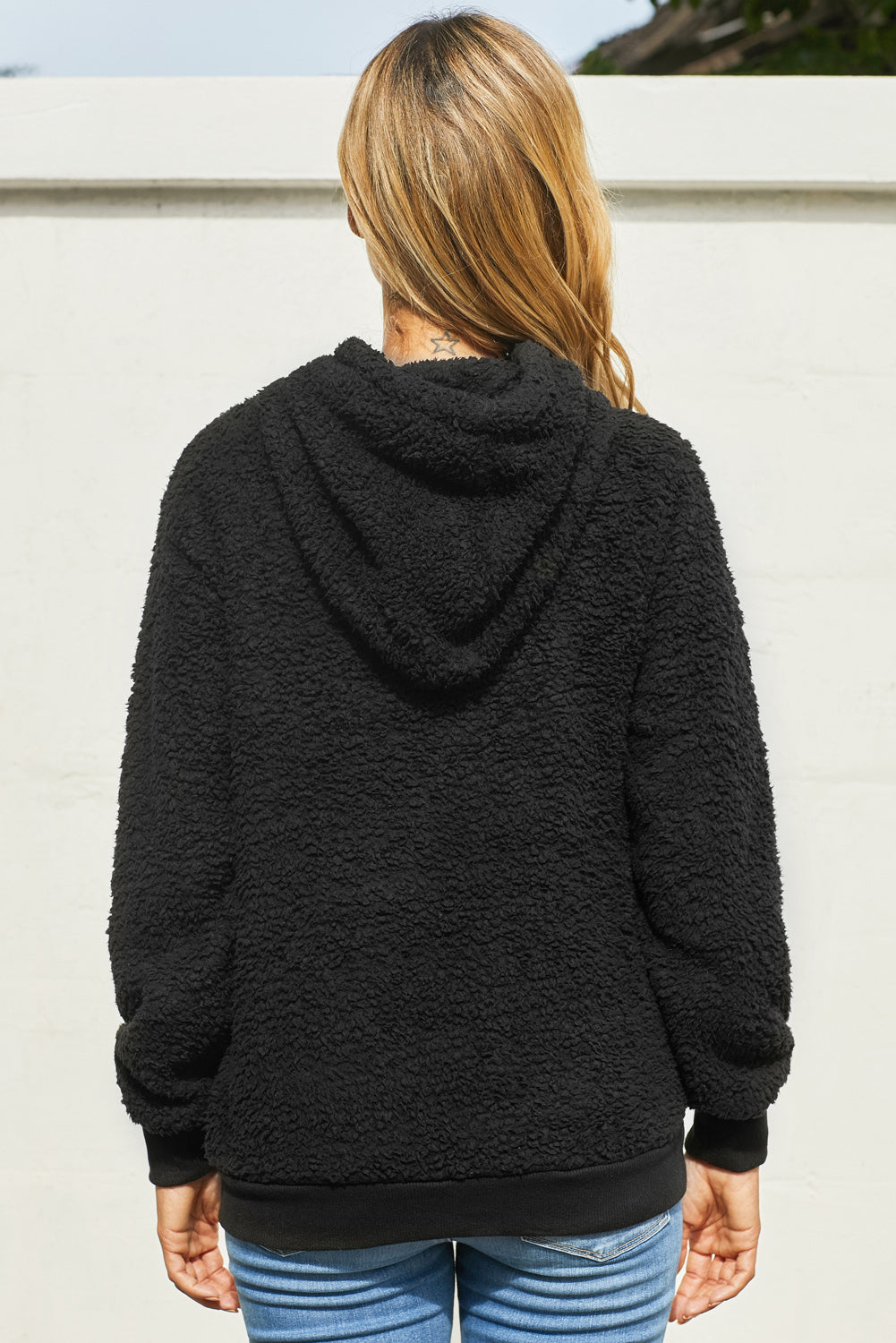 Drawstring Sherpa Hoodie with Pocket