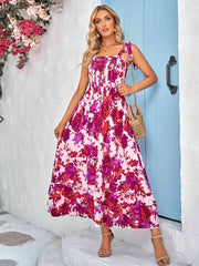 Floral Tie-Shoulder Frill Trim Smocked Dress