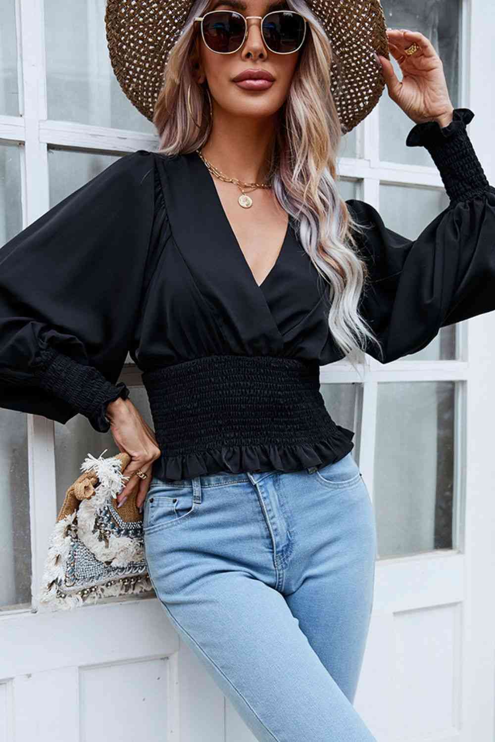 Surplice Neck Frill Trim Lantern Sleeve Smocked Waist Blouse