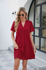 Notched Puff Sleeve Shift Dress