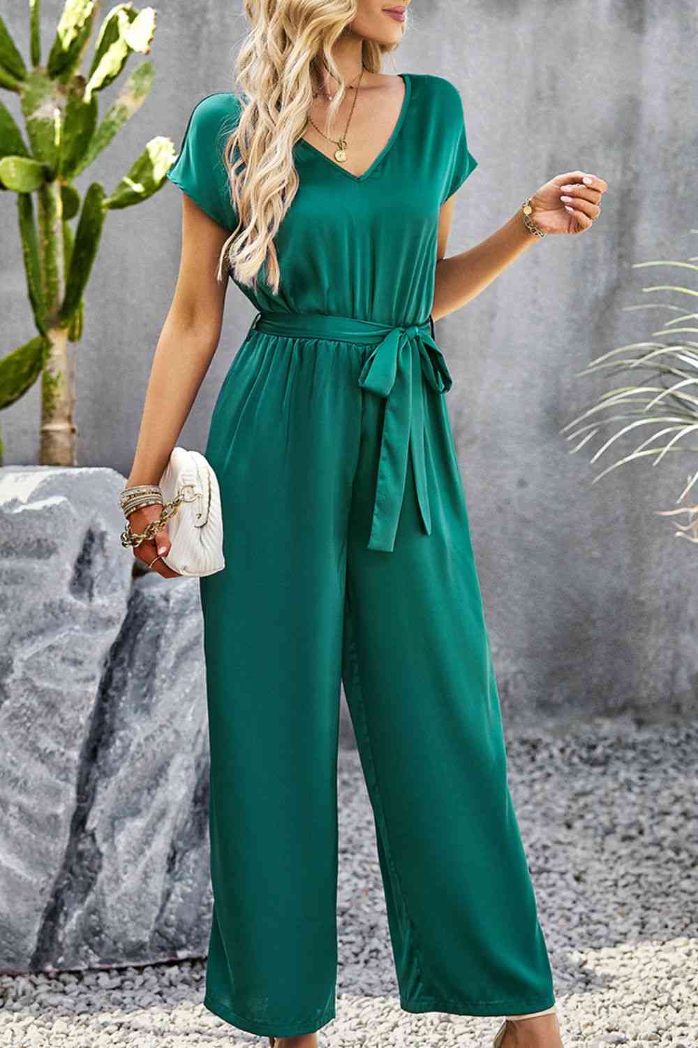 Tie Belt V-Neck Short Sleeve Jumpsuit