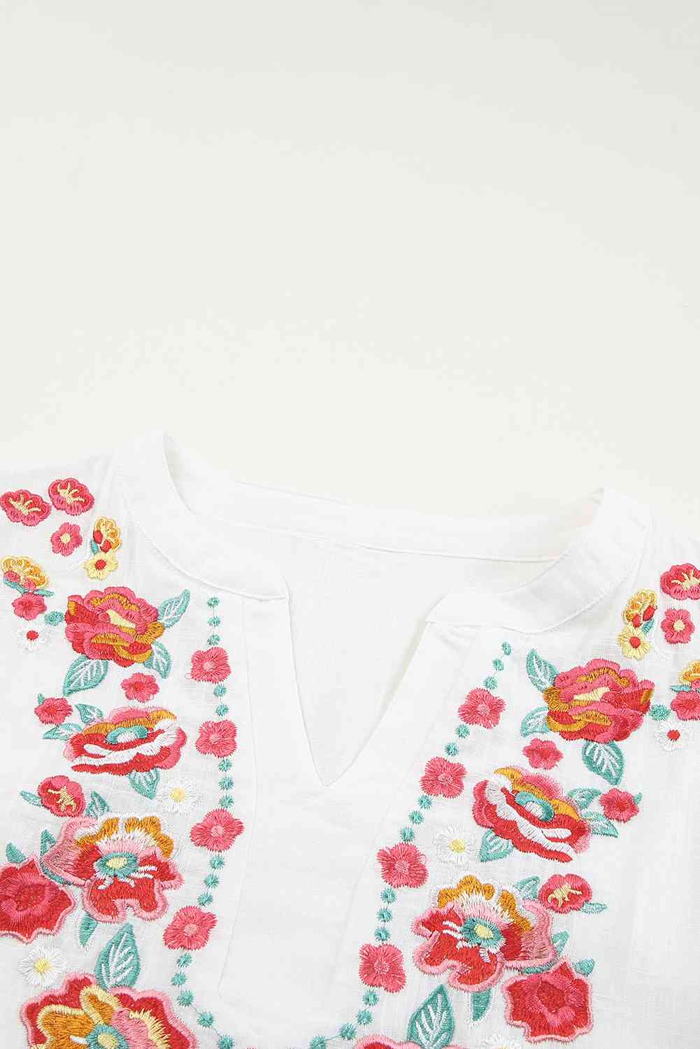 Embroidered Notched Neck Flounce Sleeve Top