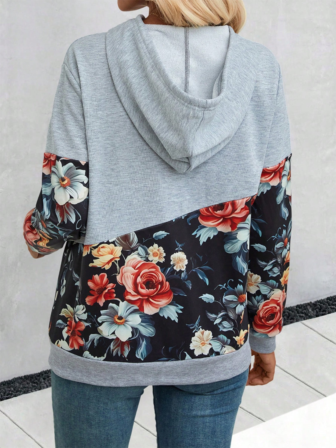 Floral Drawstring Hoodie with Pocket