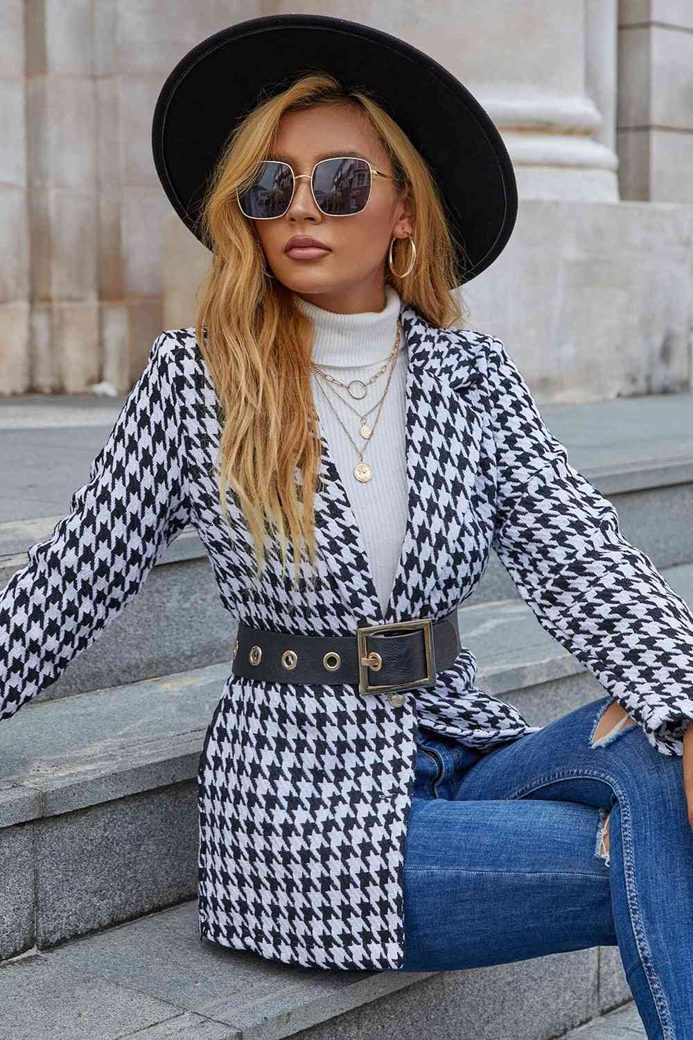 Houndstooth Lapel Collar Long Sleeve Blazer