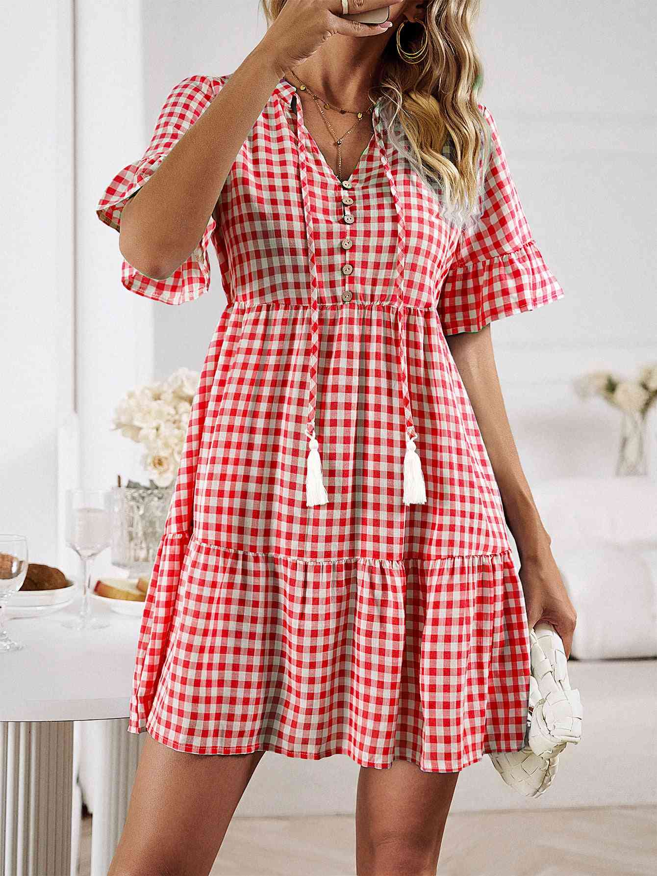 Plaid Flounce Sleeve Buttoned Mini Dress