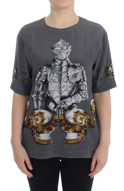 Dolce & Gabbana Gray Knight Crown Print Silk Blouse Top