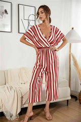 Striped V Neck Wide Leg Jumpsuit