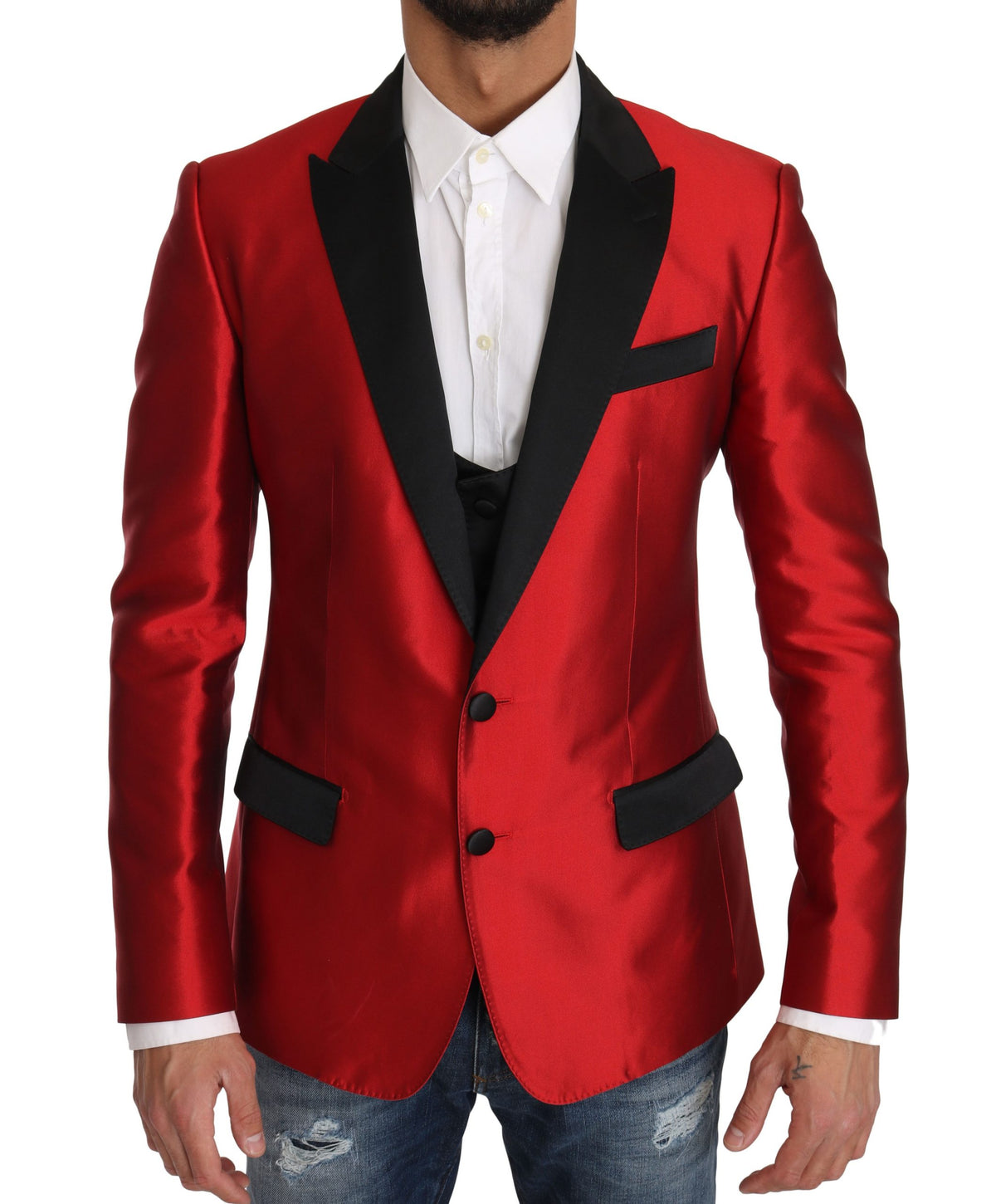 Red Black Silk 2 Piece Vest Blazer