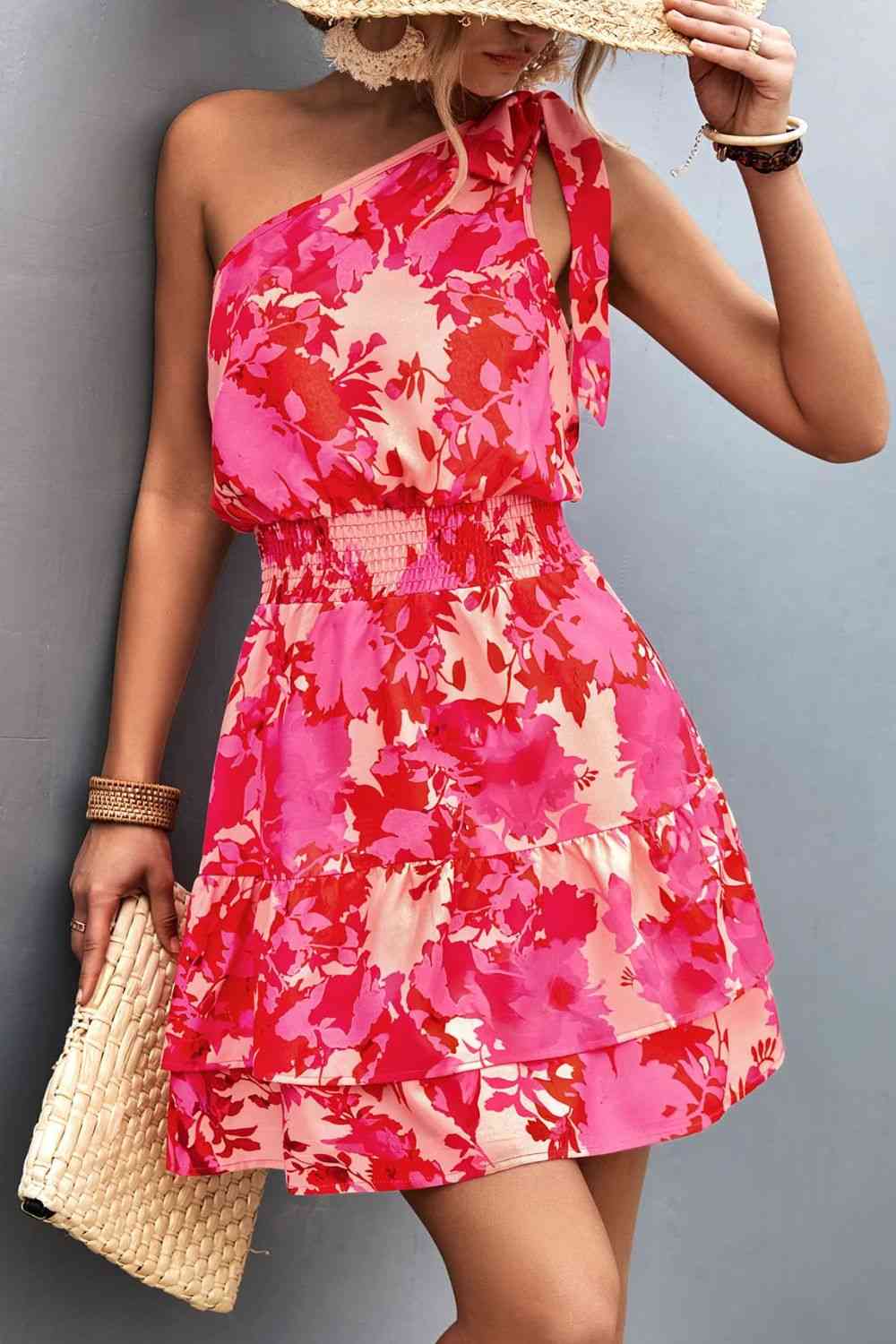 Floral Smocked Waist Tied One-Shoulder Dress