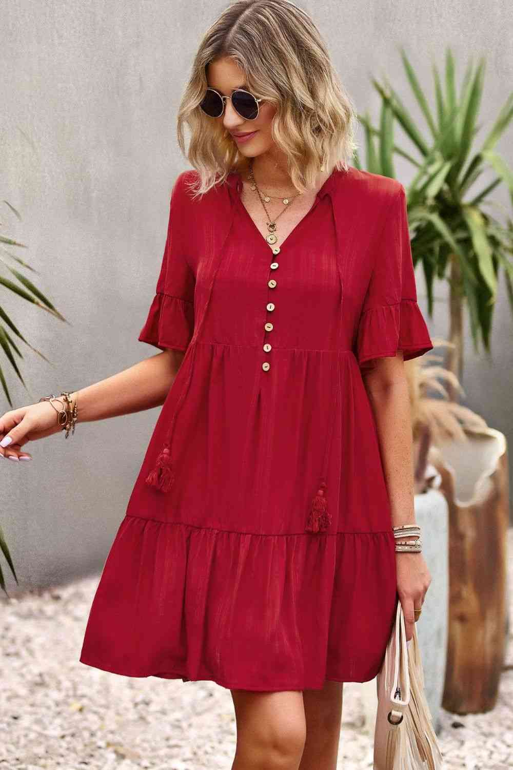 Tie Neck Buttoned Flounce Sleeve Dress