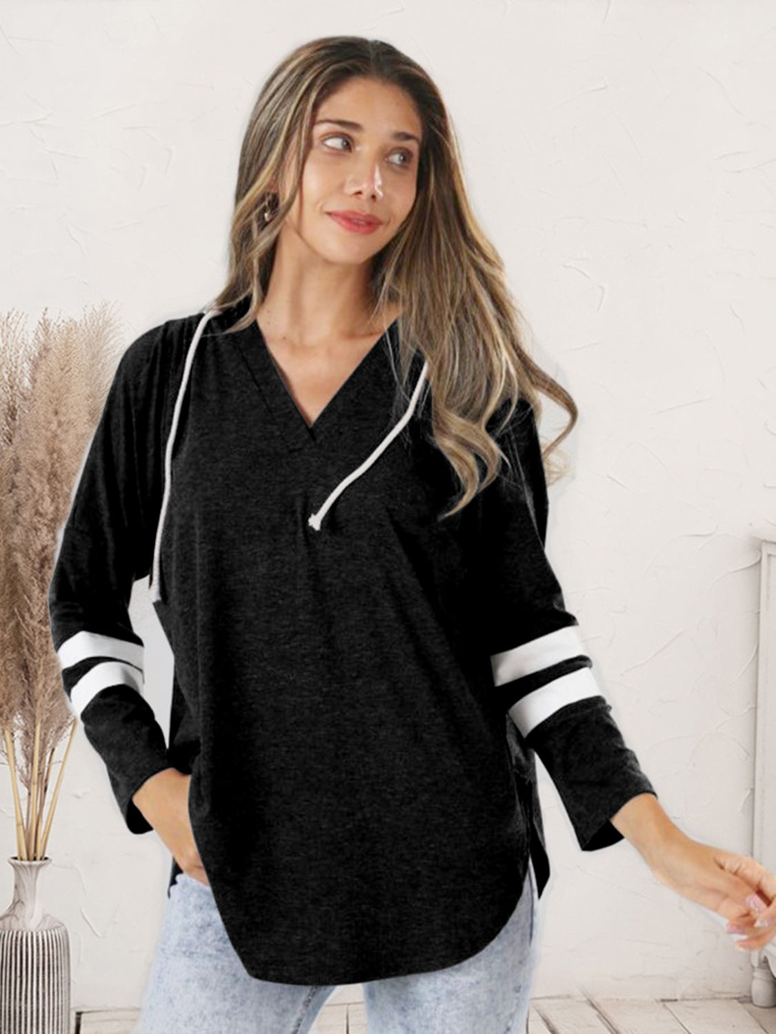 Striped V-Neck Drastring Hoodie