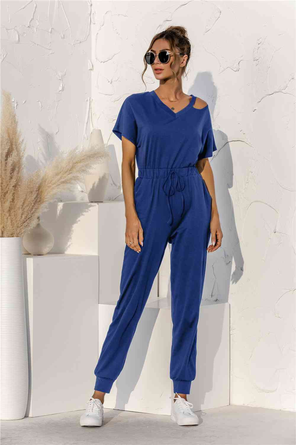 Cut Out V-neck Drawstring Jumpsuit