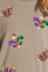 Mardi Gras Sequin Round Neck Dropped Shoulder Sweatshirt