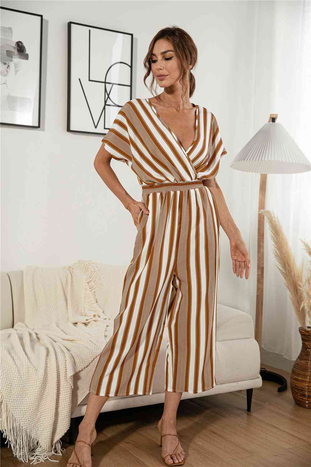 Striped V Neck Wide Leg Jumpsuit