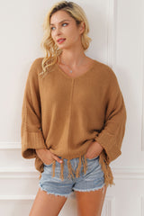Fringe V-Neck Long Sleeve Sweater