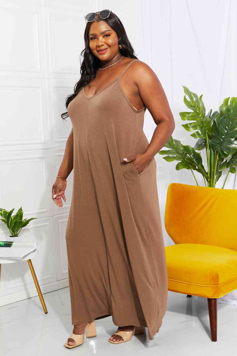 Zenana Full Size Beach Vibes Cami Maxi Dress in Mocha