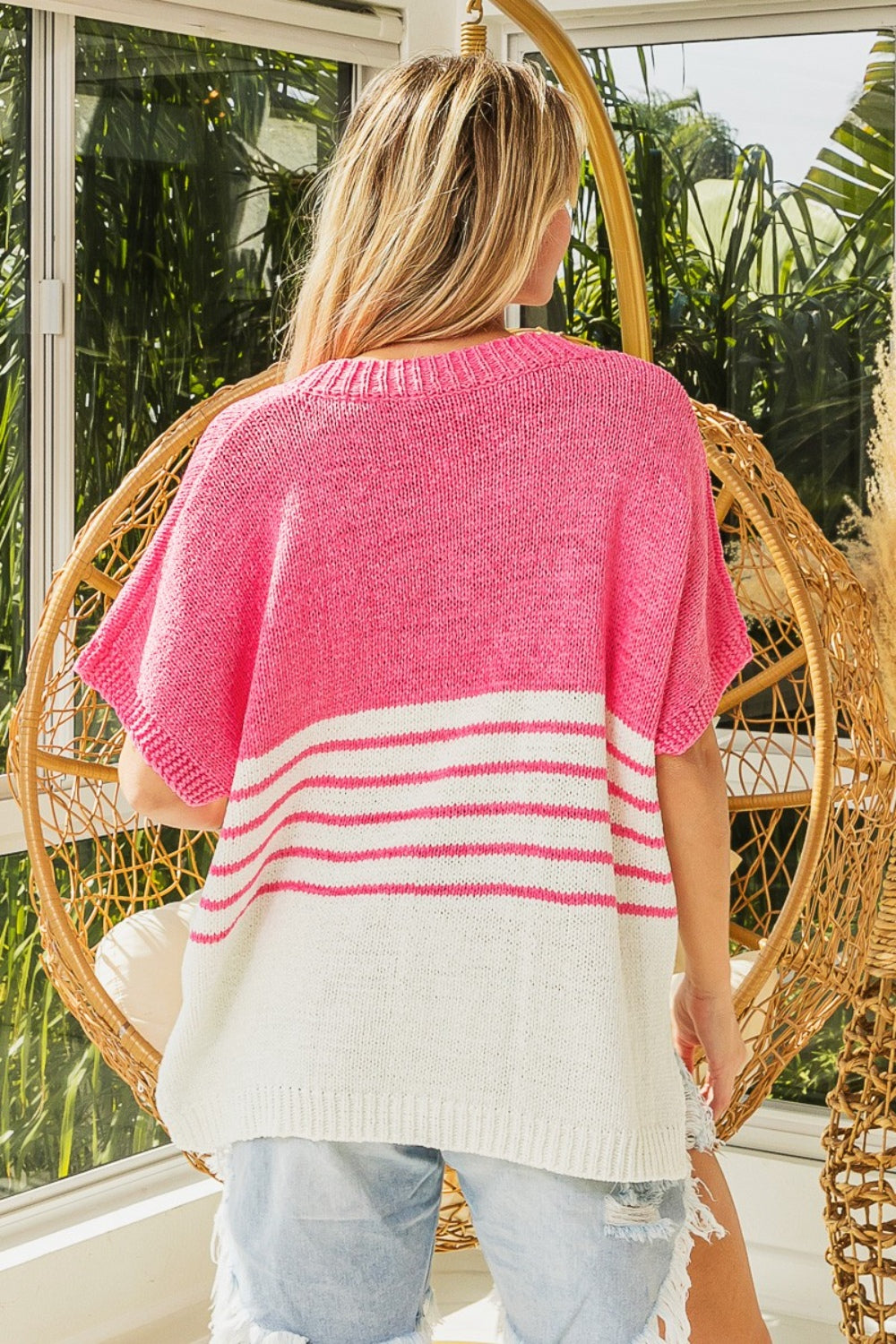 BiBi Contrast Stripe Short Sleeve V-Neck Sweater