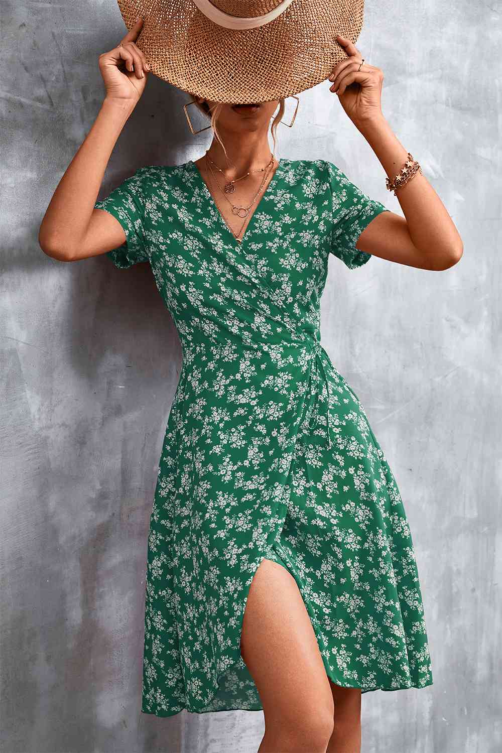 Floral Surplice Neck Flutter Sleeve Dress