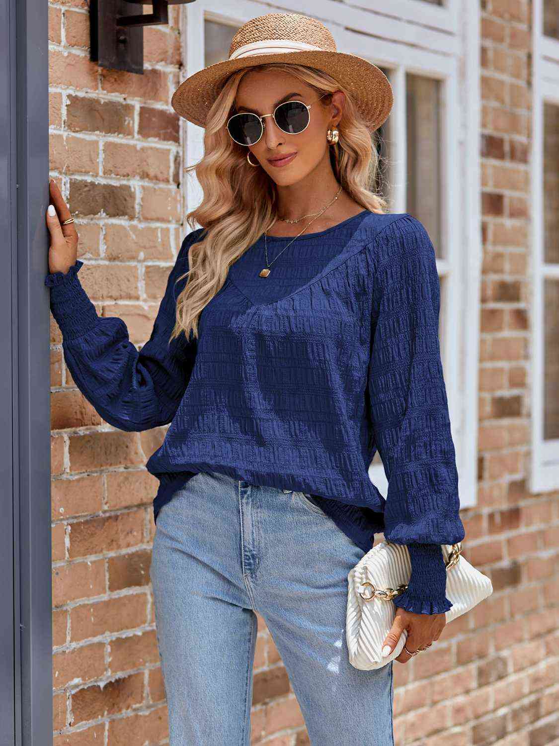 Round Neck Lantern Sleeve Blouse