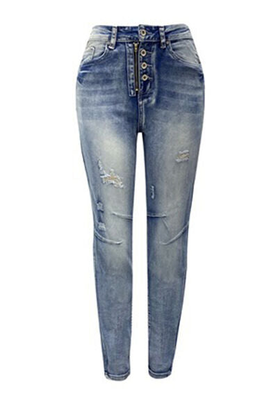 Distressed Button-Fly Jeans with Pockets