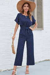 Polka Dot Round Neck Cutout Jumpsuit