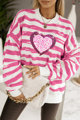 Heart Sequin Striped Dropped Shoulder Sweatshirt