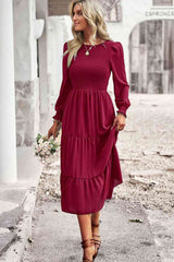 Smocked Round Neck Flounce Sleeve Midi Dress