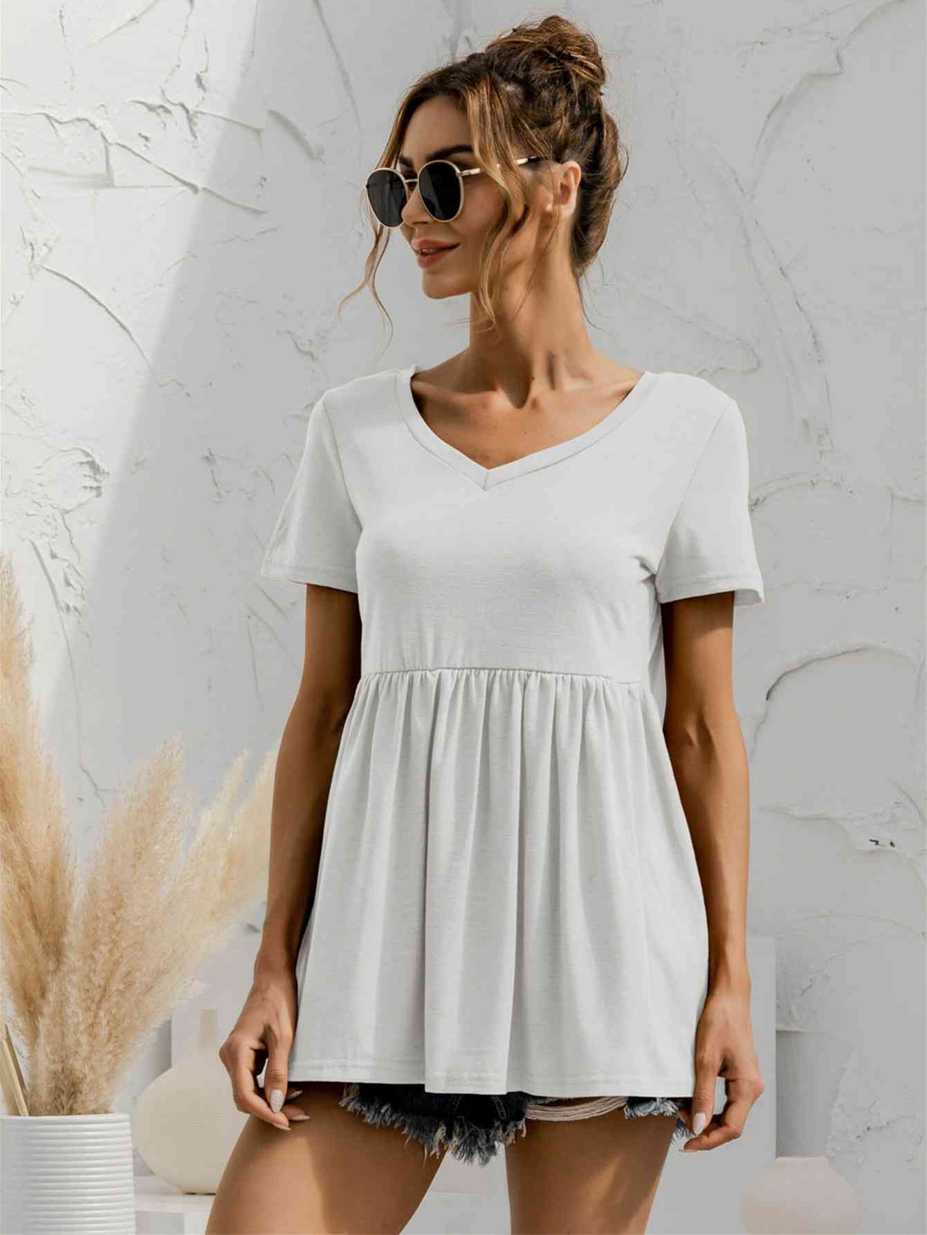 V-Neck Short Sleeve Babydoll Top