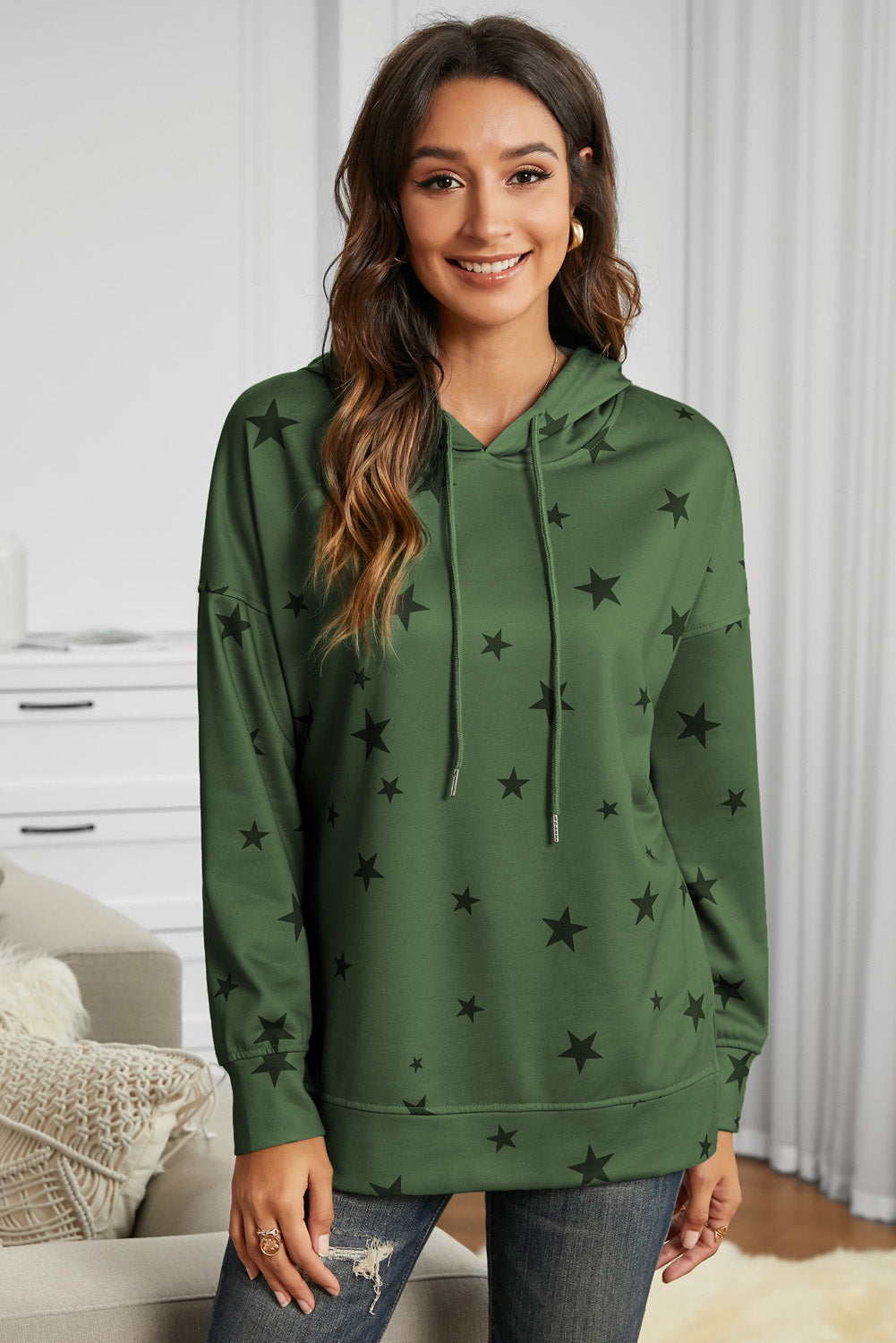 Star Print Drawstring Detail Hoodie