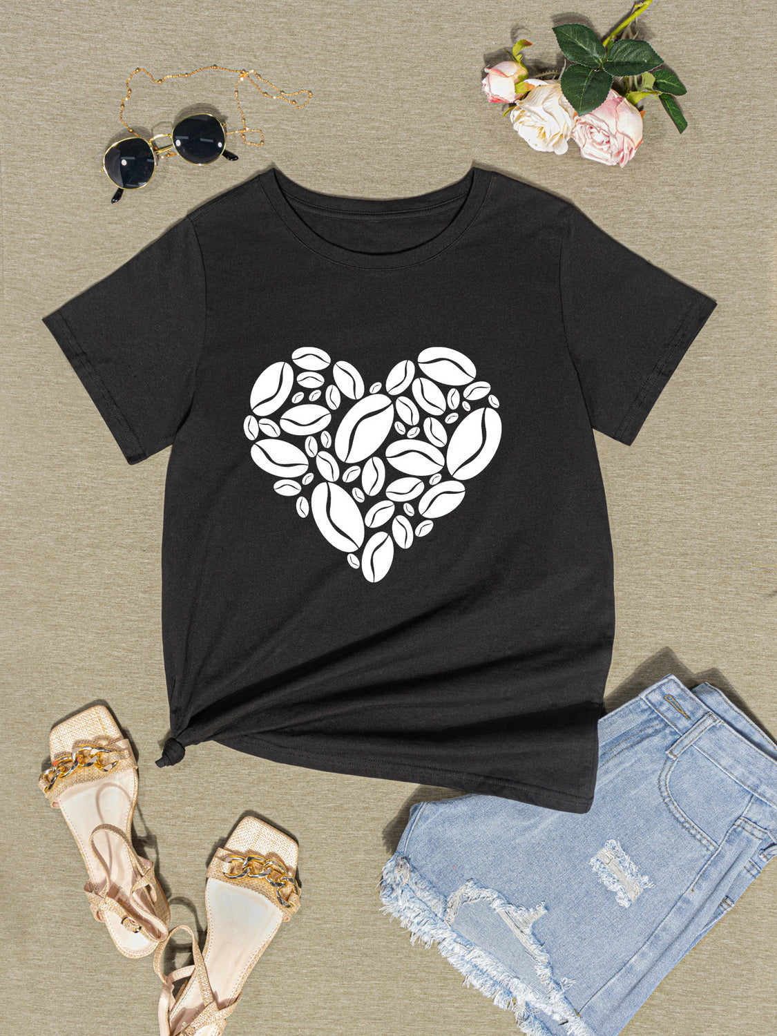 Heart Round Neck Short Sleeve T-Shirt