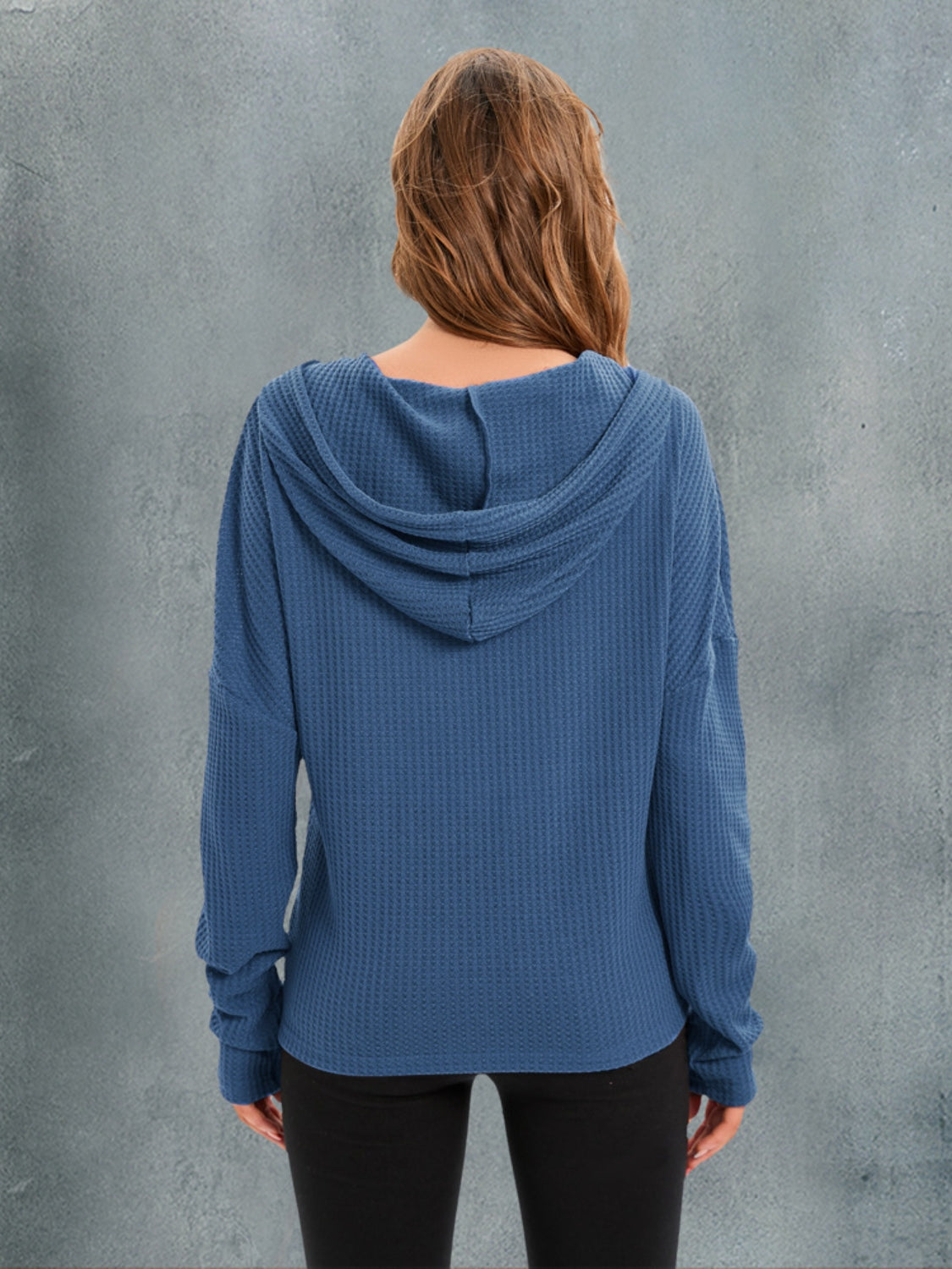 Waffle-Knit Drawstring Drop Shoulder Hoodie