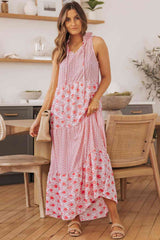 Mixed Print Tie-Neck Sleeveless Maxi Dress