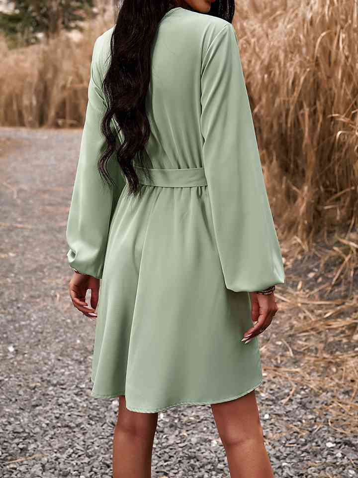 Long Sleeve Tie Waist V-Neck Mini Dress