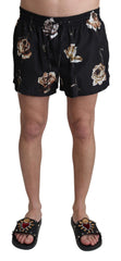 Black Rose Print Beachwear Shorts Swimwear