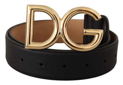 Black Leather Gold Tone DG Logo Belt