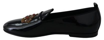 Black Leather Crystal Crown Loafers Shoes