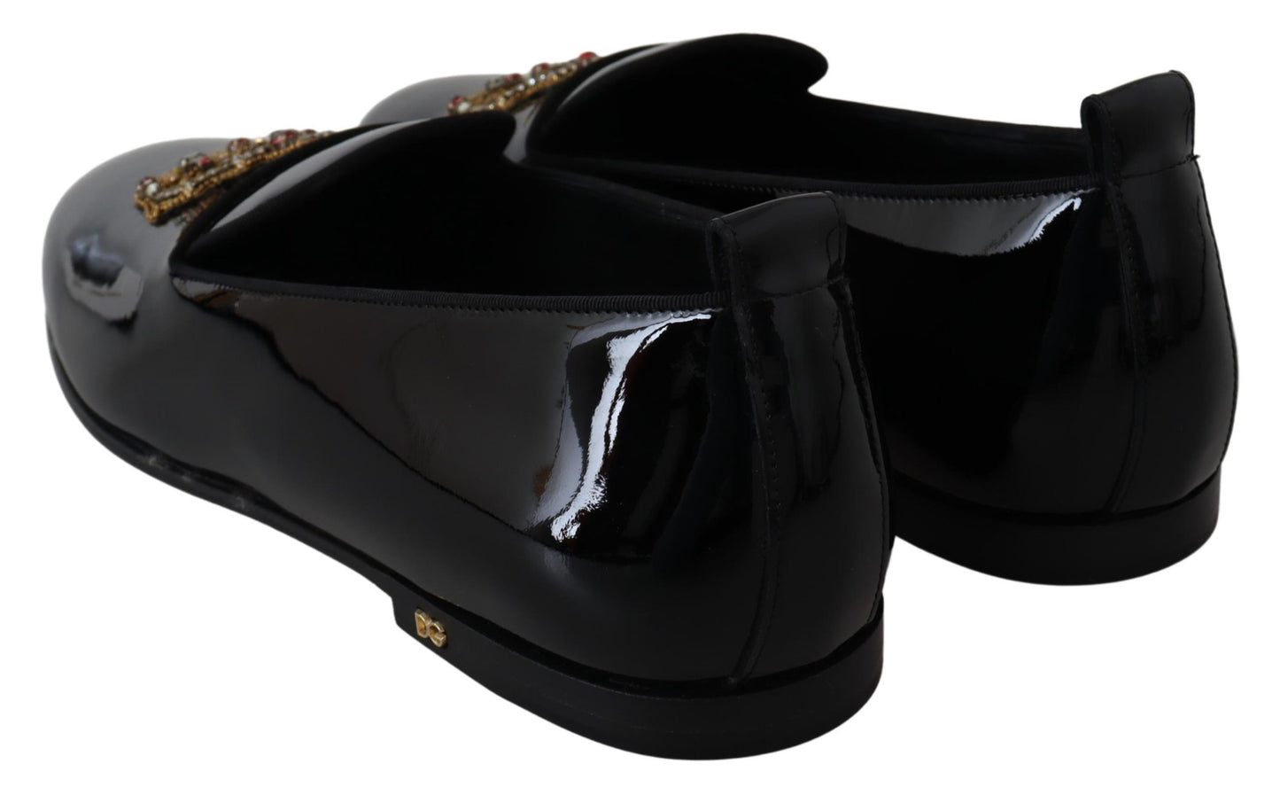 Black Leather Crystal Crown Loafers Shoes