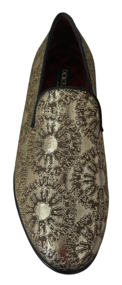Dolce & Gabbana Gold Jacquard Flats Mens Loafers Shoes