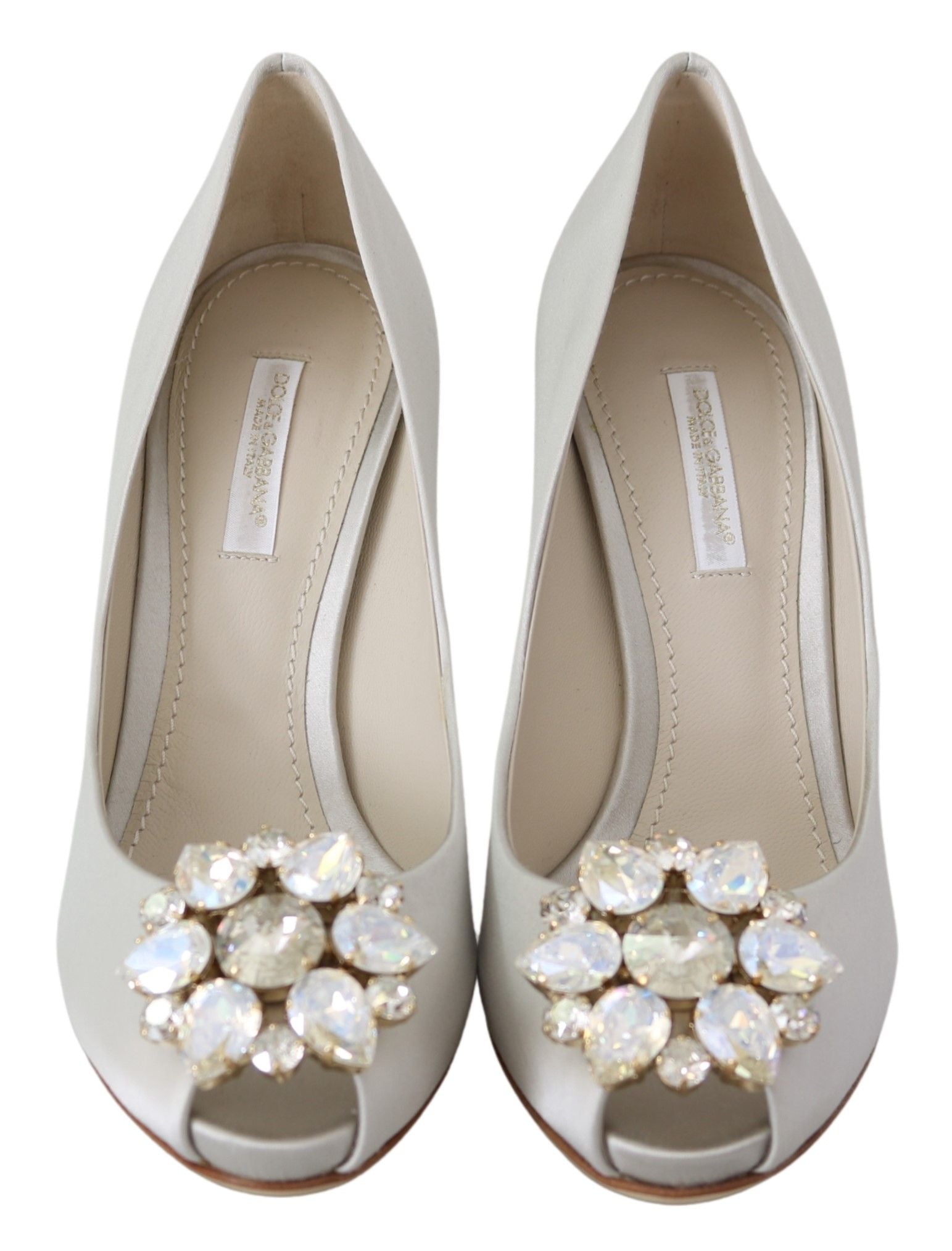 Dolce & Gabbana White Crystal Peep Toe Silk Blend Heels