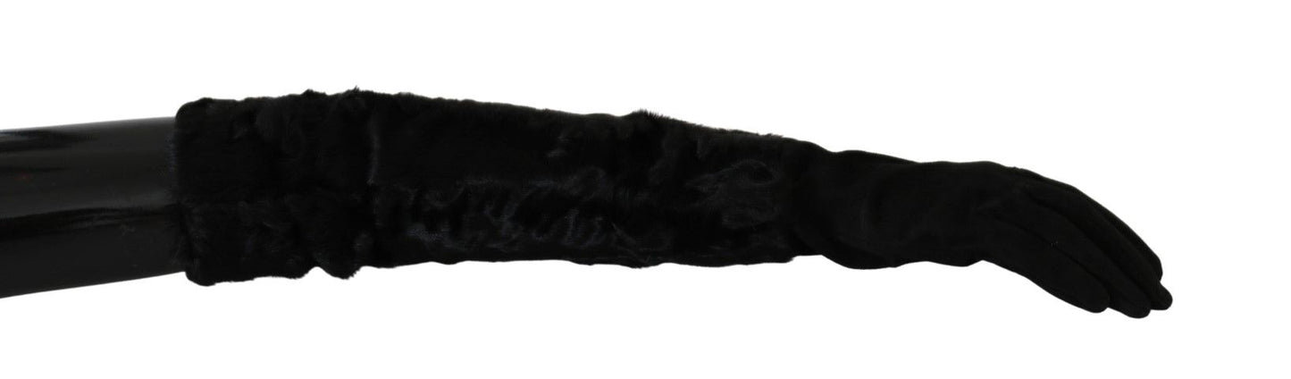 Dolce & Gabbana Black Elbow Length Mitten Suede Fur Gloves