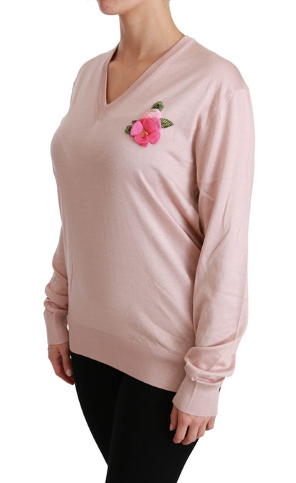 Dolce & Gabbana Pink Floral Embellished Pullover Silk Sweater
