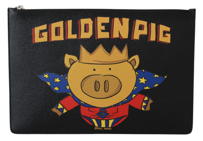 DOLCE & GABBANA Black Golden Pig Leather Document Bag
