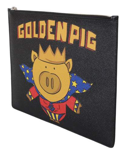 DOLCE & GABBANA Black Golden Pig Leather Document Bag