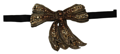 Dolce & Gabbana Gold Tone Silk Rhinestone Embellished Women Bowtie