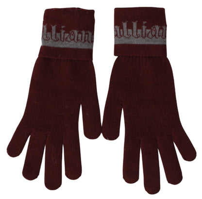 John Galliano Maroon Elastic Wrist Length Mitten Designer Logo Gloves
