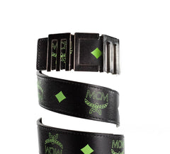 MCM Claus Mens Summer Green Smooth Visetos Logo Leather Numeric Buckle Belt