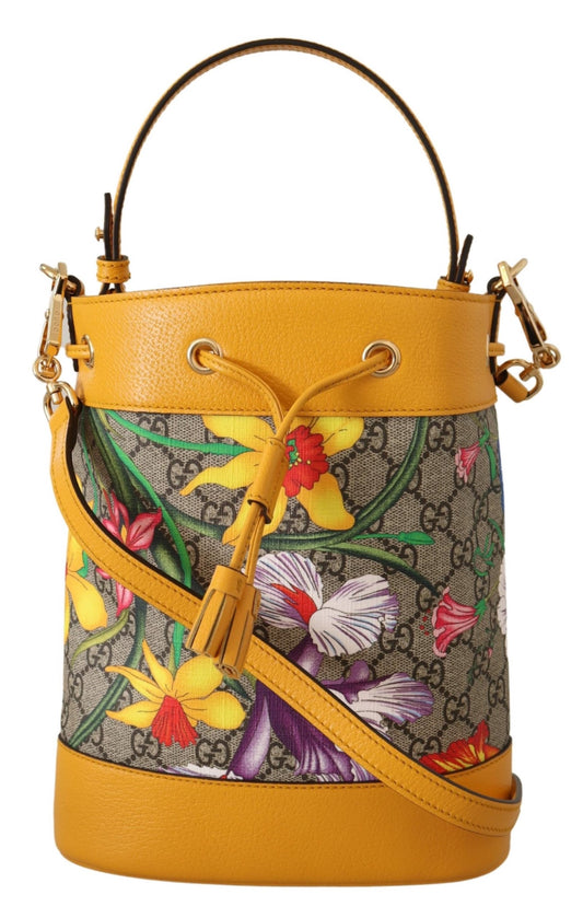 Yellow Leather & Canvas Ophidia Flora Bucket Shoulder Bag