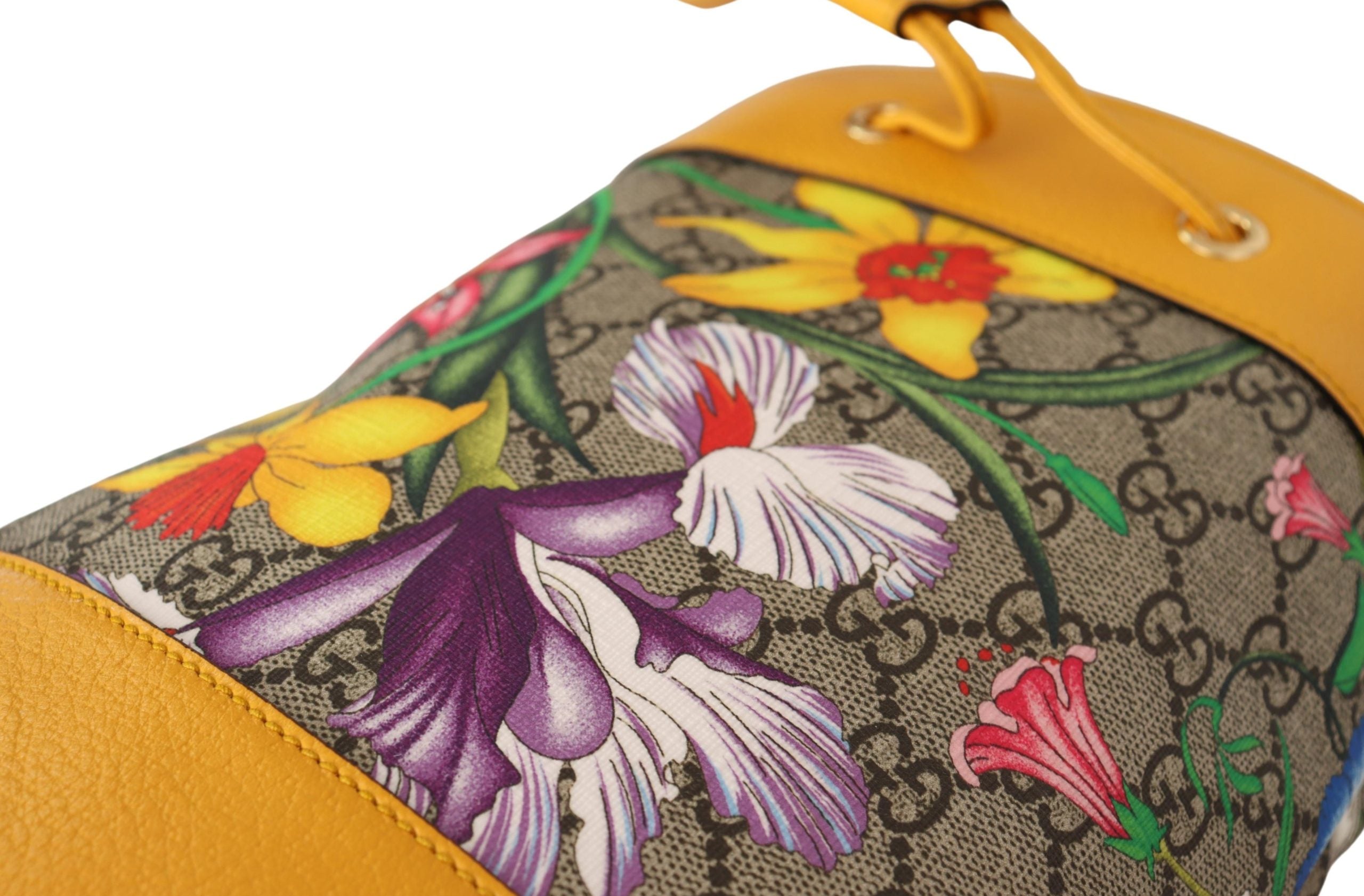 Yellow Leather & Canvas Ophidia Flora Bucket Shoulder Bag