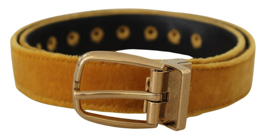 Dolce & Gabbana Mustard Velvet Gold Logo Engraved Metal Buckle Belt